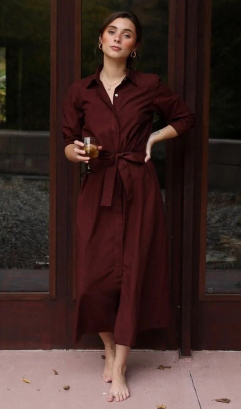 Mille Stella Shirt Dress Burgundy Midi Button Front Long Sleeve Women's XXS